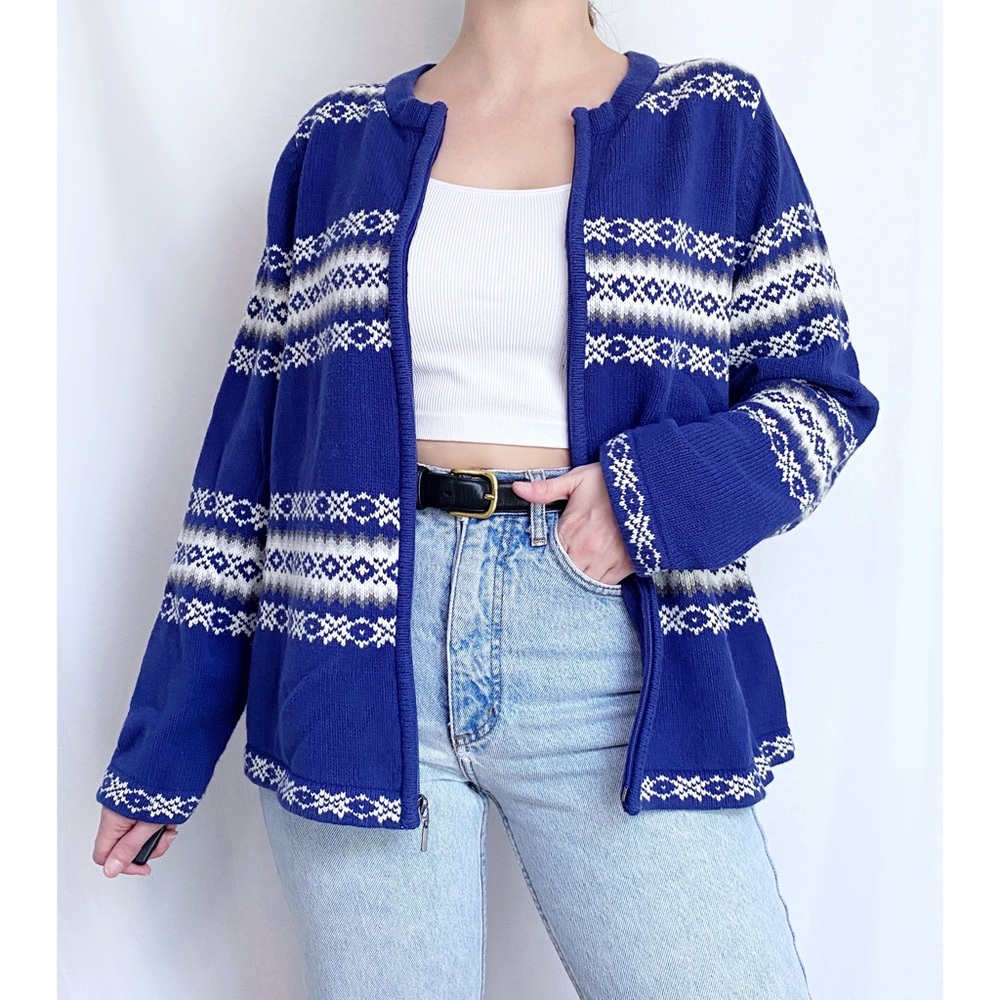 Vintage Retro Fair Isle Blue + White Printed Zip Up Knit Cardigan Sweater
